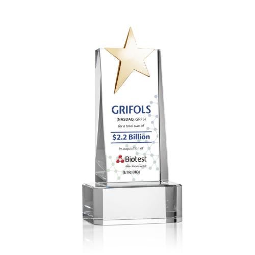 Awards and Trophies - Crystal Awards - Fanshaw Gold Star Full Color Clear on Base Towers Crystal Award