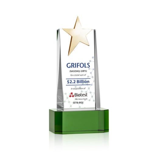 Awards and Trophies - Crystal Awards - Fanshaw Gold Star Full Color Green on Base Towers Crystal Award