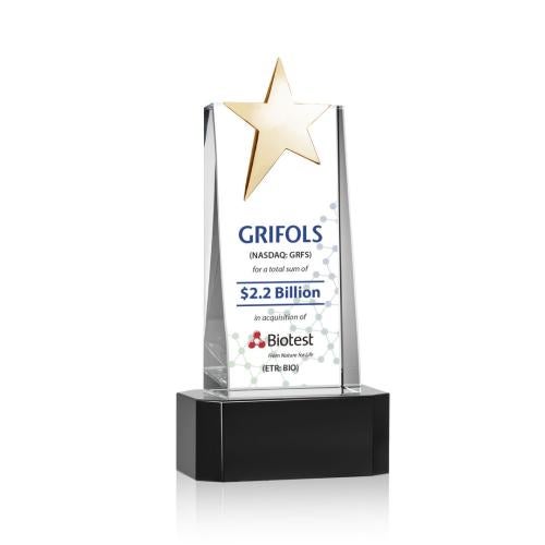 Awards and Trophies - Crystal Awards - Fanshaw Gold Star Full Color Black on Base Towers Crystal Award
