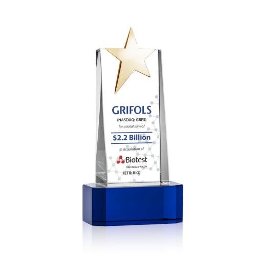 Awards and Trophies - Crystal Awards - Fanshaw Gold Star Full Color Blue on Base Towers Crystal Award