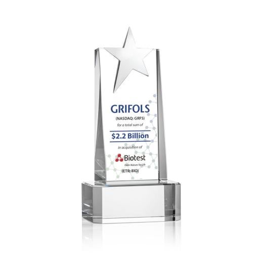 Awards and Trophies - Crystal Awards - Fanshaw Silver Star Full Color Clear on Base Towers Crystal Award