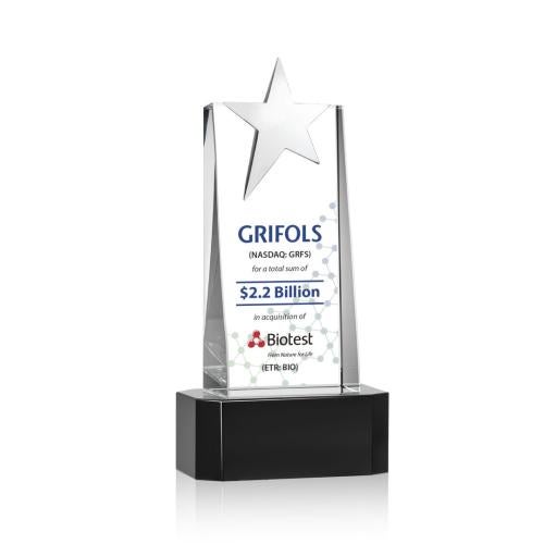 Awards and Trophies - Crystal Awards - Fanshaw Silver Star Full Color Black On Base Towers Crystal Award