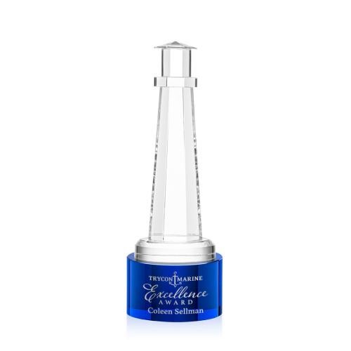 Awards and Trophies - Crystal Awards - Lighthouse Blue on Marvel Base Crystal Award