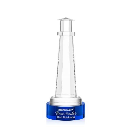 Awards and Trophies - Crystal Awards - Lighthouse Blue on Stanrich Base Crystal Award