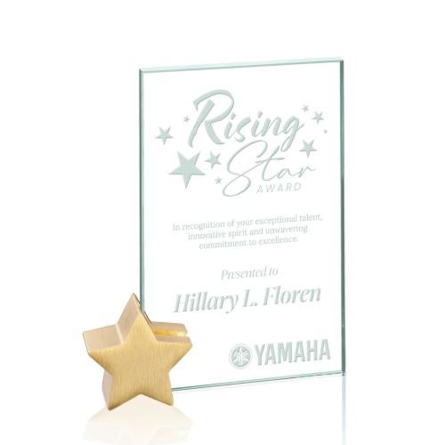 Awards and Trophies - Crystal Awards - Glass Awards - Bermuda Jade/Gold Star Rectangle Glass Award