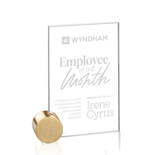 Awards and Trophies - Crystal Awards - Bermuda Starfire/Gold Circle Rectangle Crystal Award