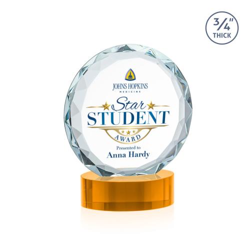 Awards and Trophies - Crystal Awards - Centura Full Color Amber on Alberton Base Circle Crystal Award