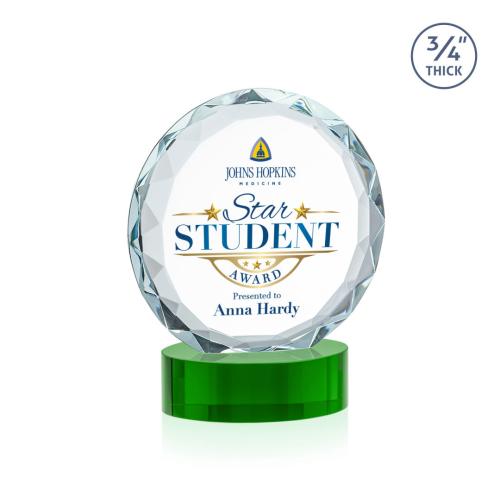 Awards and Trophies - Crystal Awards - Centura Full Color Green on Alberton Base Circle Crystal Award