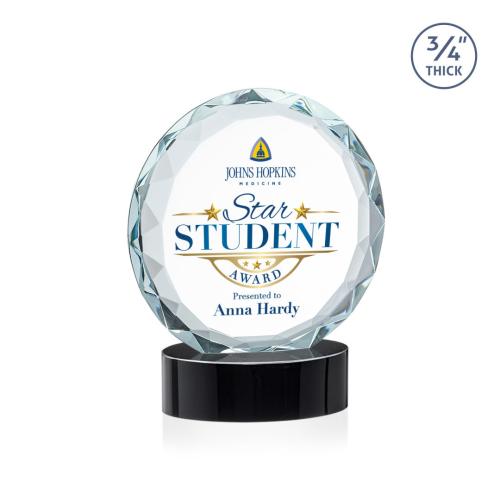 Awards and Trophies - Crystal Awards - Centura Full Color Black on Alberton Base Circle Crystal Award