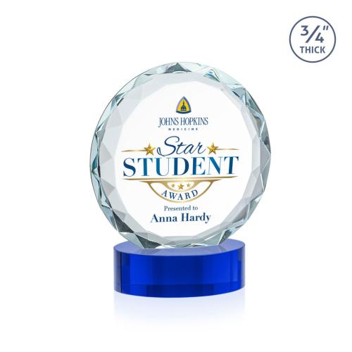 Awards and Trophies - Crystal Awards - Centura Full Color Blue on Alberton Base Circle Crystal Award
