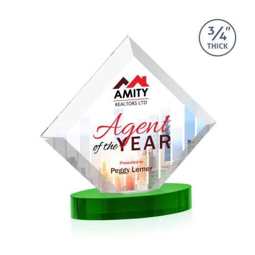Awards and Trophies - Crystal Awards - Belaire Full Color Green on Alberton Base Diamond Crystal Award