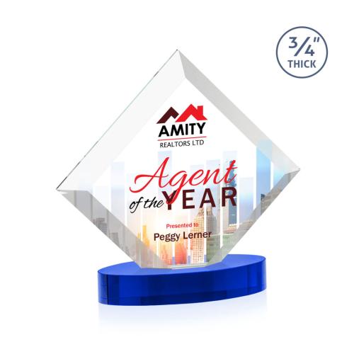 Awards and Trophies - Crystal Awards - Belaire Full Color Blue on Alberton Base Diamond Crystal Award