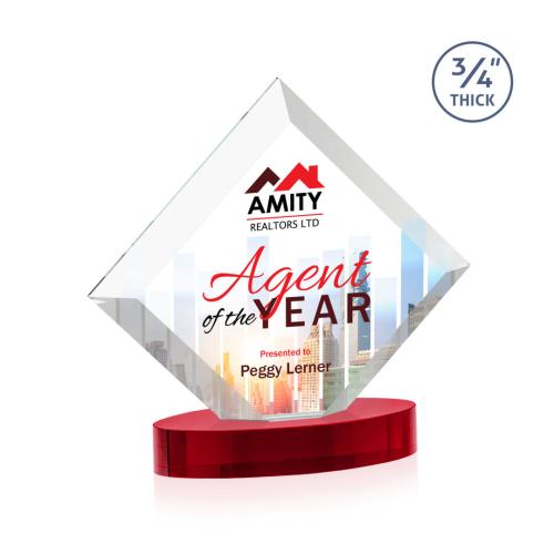 Awards and Trophies - Crystal Awards - Belaire Full Color Red on Alberton Base Diamond Crystal Award