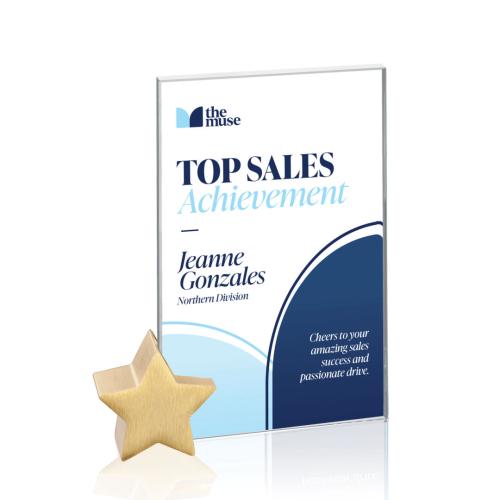 Awards and Trophies - Crystal Awards - Bermuda Full Color Starfire/Gold Star Rectangle Crystal Award