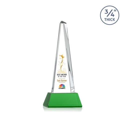 Awards and Trophies - Crystal Awards - Majestic Tower Full Color Green on Newhaven Base Towers Crystal Award
