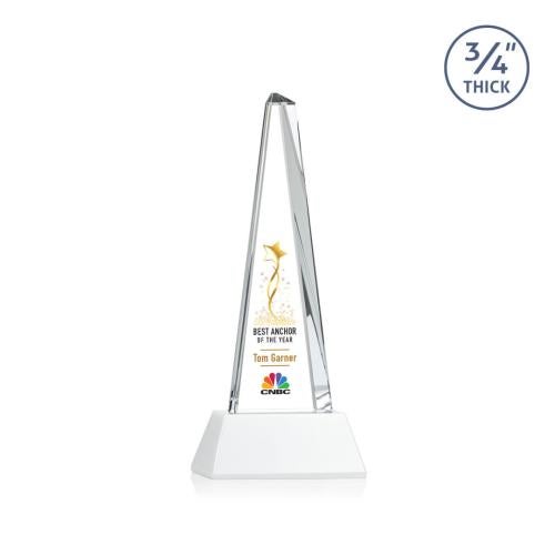 Awards and Trophies - Crystal Awards - Majestic Tower Full Color White on Newhaven Base Towers Crystal Award