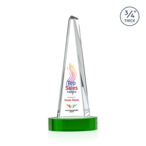 Awards and Trophies - Crystal Awards - Majestic Tower Full Color Green on Alberton Base Towers Crystal Award