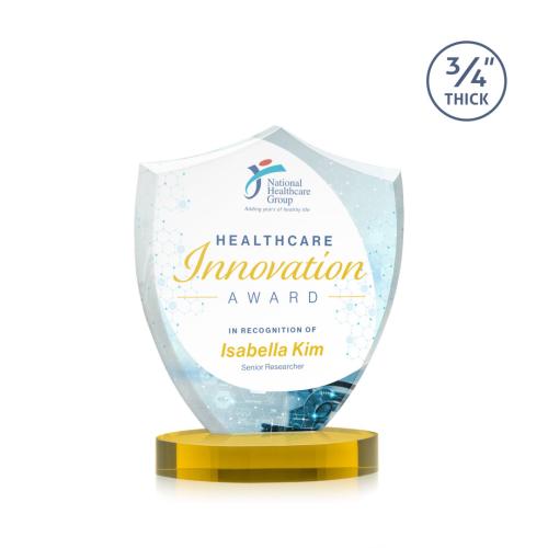 Awards and Trophies - Crystal Awards - Scudo Shield Full Color Gold on Alberton Base Unique Crystal Award