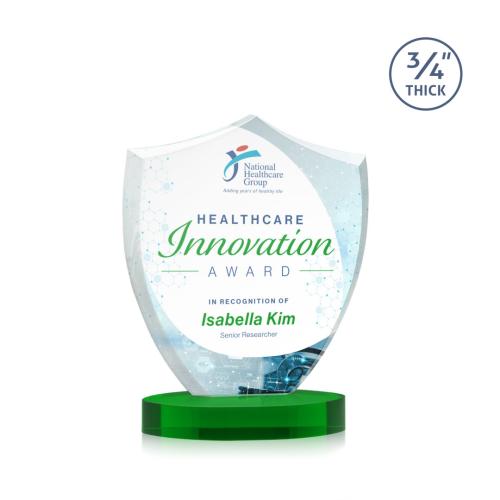 Awards and Trophies - Crystal Awards - Scudo Shield Full Color Green on Alberton Base Unique Crystal Award