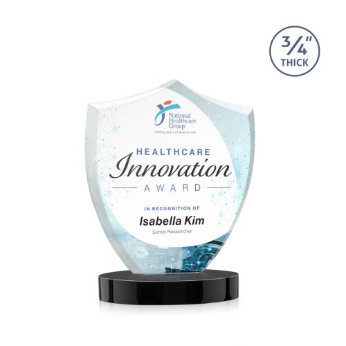 Awards and Trophies - Crystal Awards - Scudo Shield Full Color Black on Alberton Base Unique Crystal Award