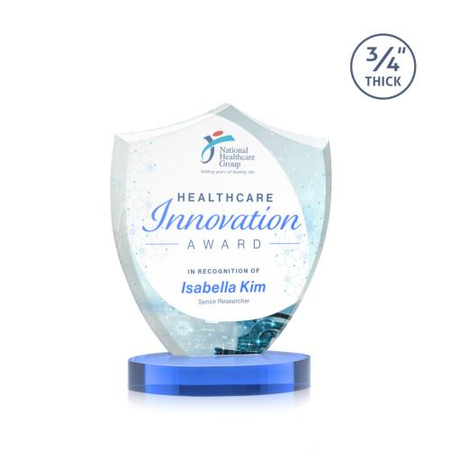 Awards and Trophies - Crystal Awards - Scudo Shield Full Color Sky Blue on Alberton Base Unique Crystal Award