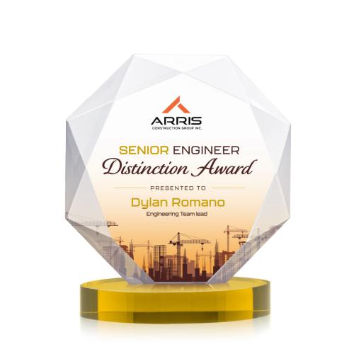 Awards and Trophies - Crystal Awards - Kitchener Full Color Gold on Alberton Base Polygon Crystal Award