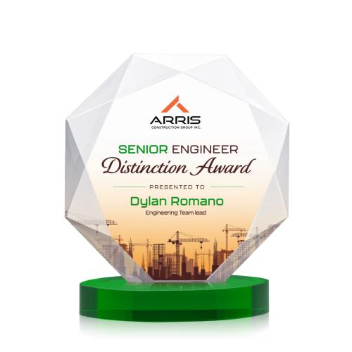 Awards and Trophies - Crystal Awards - Kitchener Full Color Green on Alberton Base Polygon Crystal Award