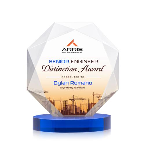 Awards and Trophies - Crystal Awards - Kitchener Full Color Blue on Alberton Base Polygon Crystal Award