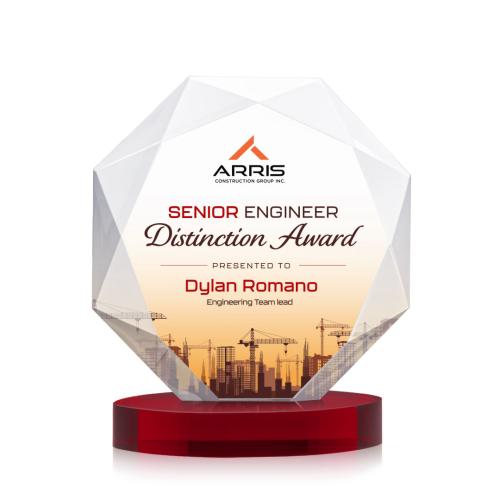 Awards and Trophies - Crystal Awards - Kitchener Full Color Red on Alberton Base Polygon Crystal Award