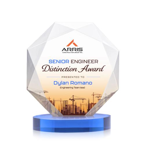 Awards and Trophies - Crystal Awards - Kitchener Full Color Sky Blue on Alberton Base Polygon Crystal Award