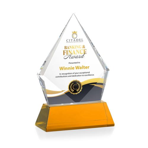 Awards and Trophies - Crystal Awards - Shelton Full Color Amber on Newhaven Base Diamond Crystal Award