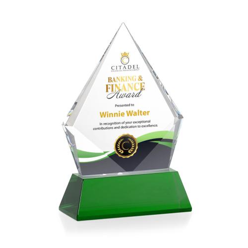 Awards and Trophies - Crystal Awards - Shelton Full Color Green on Newhaven Base Diamond Crystal Award