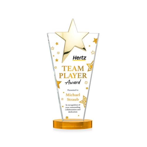 Awards and Trophies - Crystal Awards - Mantella Gold Full Color Amber Star Crystal Award