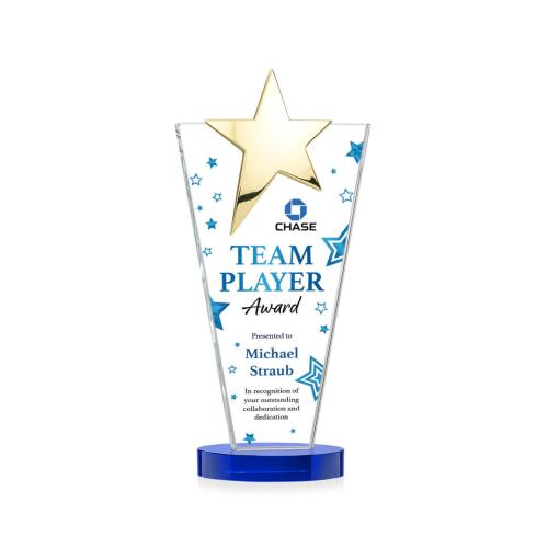 Awards and Trophies - Crystal Awards - Mantella Gold Full Color Blue Star Crystal Award