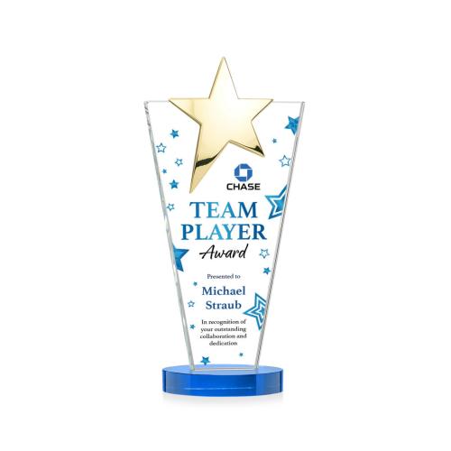Awards and Trophies - Crystal Awards - Mantella Gold Full Color Sky Blue Star Crystal Award
