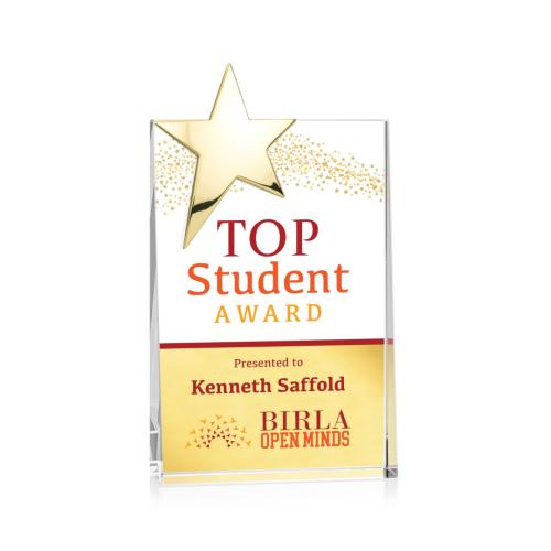 Awards and Trophies - Crystal Awards - Denham Star Full Color Gold Rectangle Crystal Award
