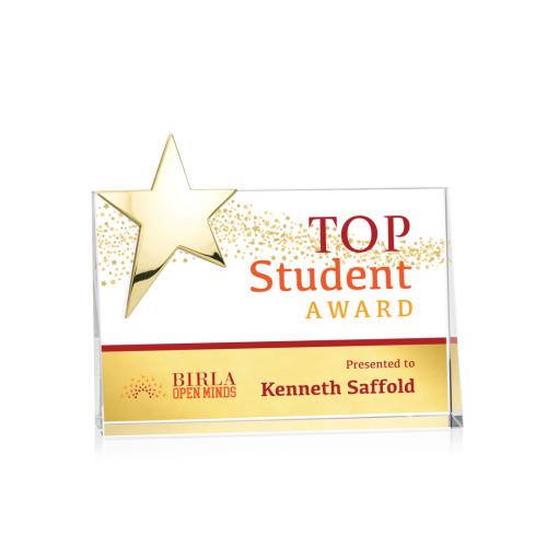 Awards and Trophies - Crystal Awards - Denham Star Full Color Gold Rectangle Crystal Award