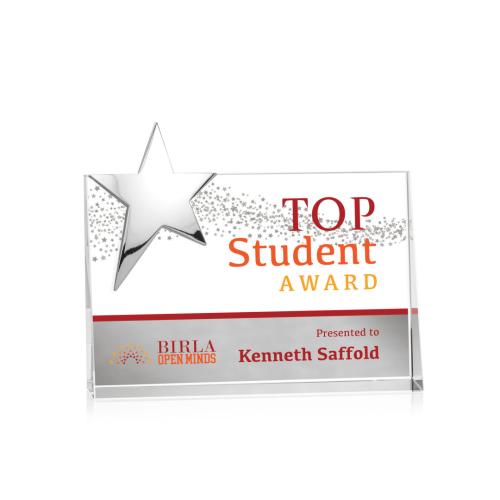 Awards and Trophies - Crystal Awards - Denham Star Full Color Silver Rectangle Crystal Award