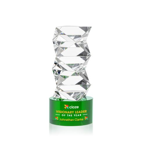 Awards and Trophies - Crystal Awards - Callucci Full Color Green on Marvel Base Towers Crystal Award