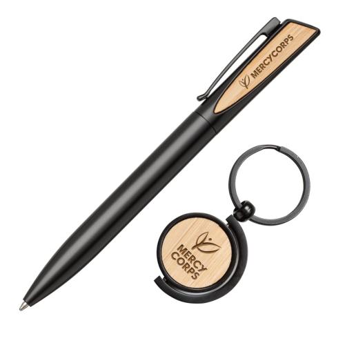 Promotional Products - Writing Instruments - Alban Aluminium Pen w/Bamboo Keyring Set