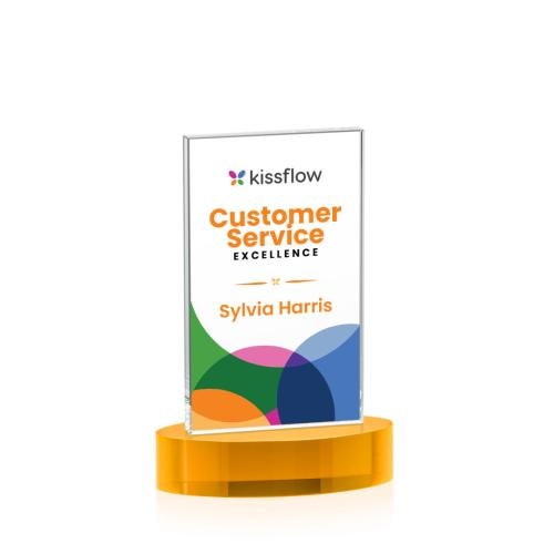 Awards and Trophies - Crystal Awards - Heathrow Full Color Amber on Alberton Base Rectangle Crystal Award