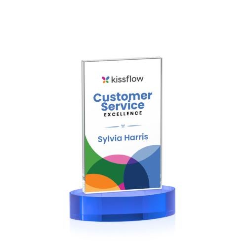 Awards and Trophies - Crystal Awards - Heathrow Full Color Sky Blue on Alberton Base Rectangle Crystal Award