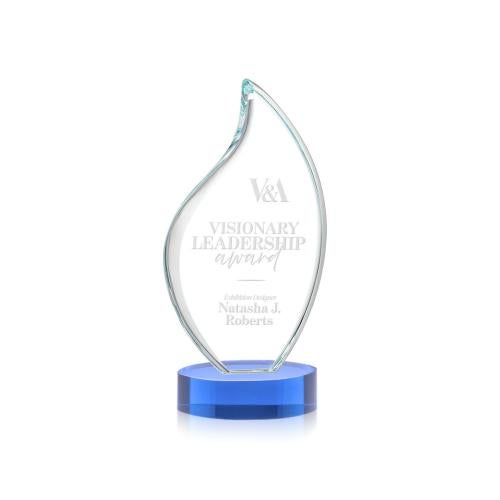Awards and Trophies - Crystal Awards - Odessy Sky Blue on Alberton Base Flame Crystal Award