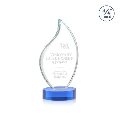 Awards and Trophies - Crystal Awards - Odessy Sky Blue on Alberton Base Flame Crystal Award