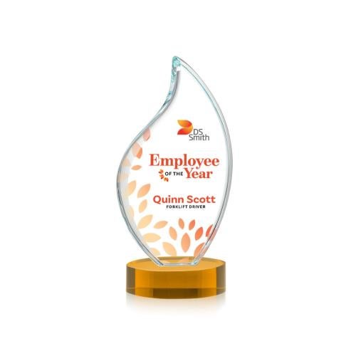 Awards and Trophies - Crystal Awards - Odessy Full Color Amber on Alberton Base Flame Crystal Award