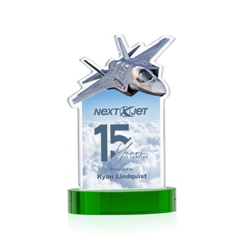 Awards and Trophies - Crystal Awards - Top Gun Full Color Green on Alberton Base Unique Crystal Award