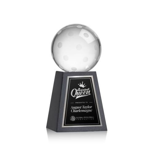 Awards and Trophies - Crystal Awards - Pickleball Globe on Tall Marble Base Crystal Award