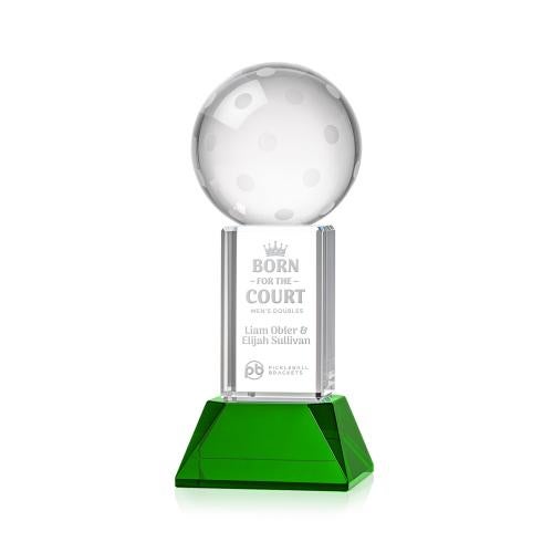 Awards and Trophies - Crystal Awards - Pickleball Green on Stowe Base Globe Crystal Award