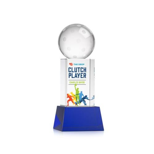 Awards and Trophies - Crystal Awards - Pickleball Full Color Blue on Belcroft Base Globe Crystal Award