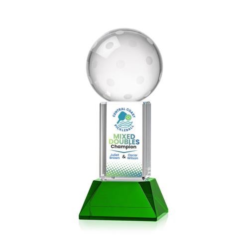 Awards and Trophies - Crystal Awards - Pickleball Full Color Green on Stowe Base Globe Crystal Award